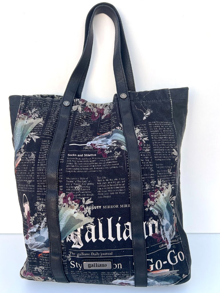 Authentic Galliano Black Gazette Newspaper Print Canvas Leather Tote Bag